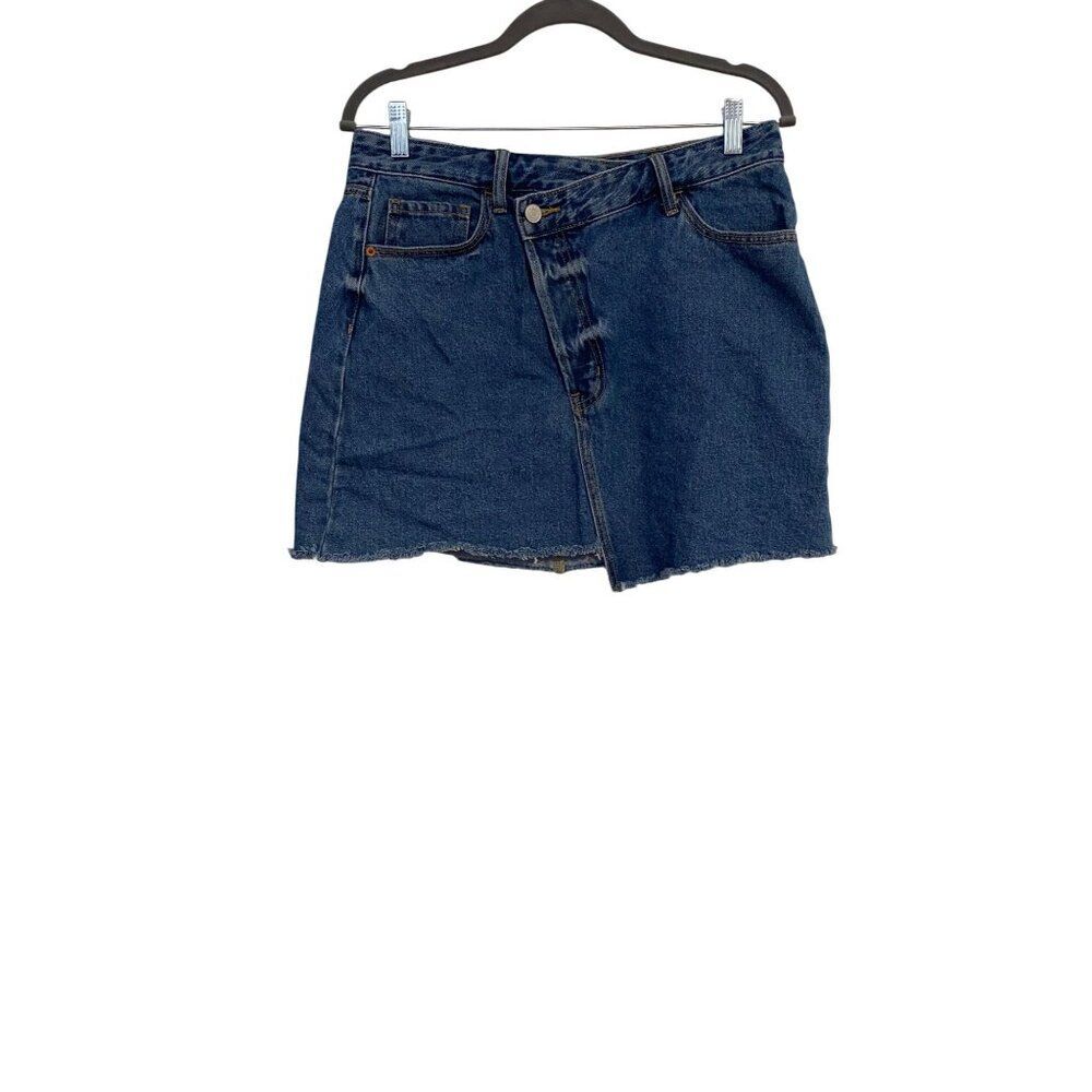 Cello Womens L Blue Denim Mini Skirt Frayed Hem Asymmetric Front Closure Y2K